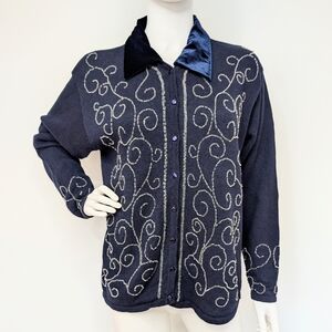 Vintage Navy Blue Beaded Button Up Cardigan Sweater With Velvet Collar